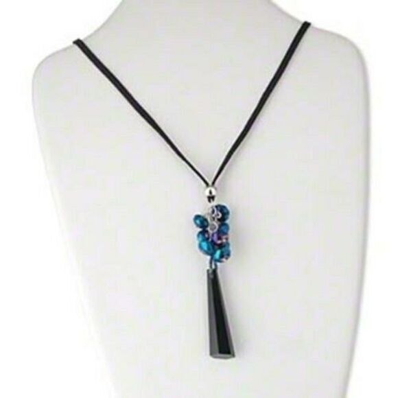 Blue Iris and Black Glass Hexagon Bold Statement Adjustable Pendant Necklace - Picture 1 of 1